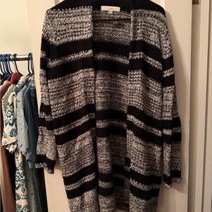 LOFT Black and Gray Marled Striped Open-Front Cardigan